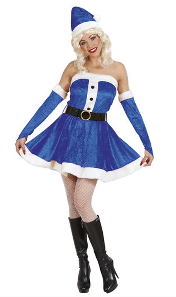 Blue Miss Santa Fancy Dress Costume, dress, gloves, belt and hat in sizes small, medium and large by Widmann 6120 available from Karnival Costumes