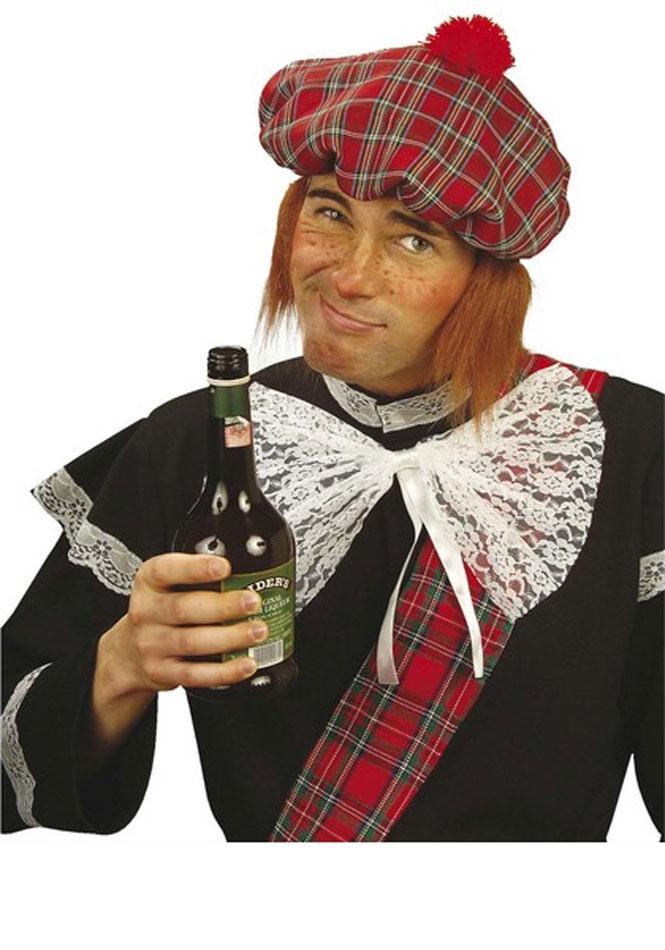 Scotsman Tartan Beret style of hat with attached ginger hair. By Widmann 8424S and available from Karnival Costumes