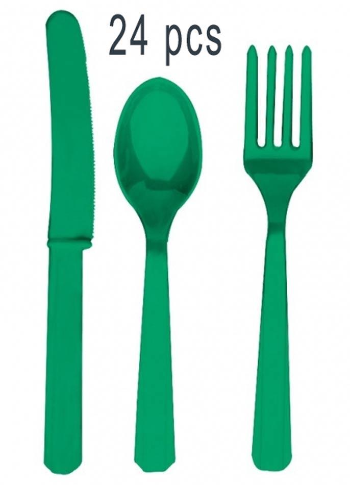 Festive Green Cutlery Assortment of 24 pices, 8 ea knives, forks and spoons. By Amscan 4546-03 and available from Karnival Costumes