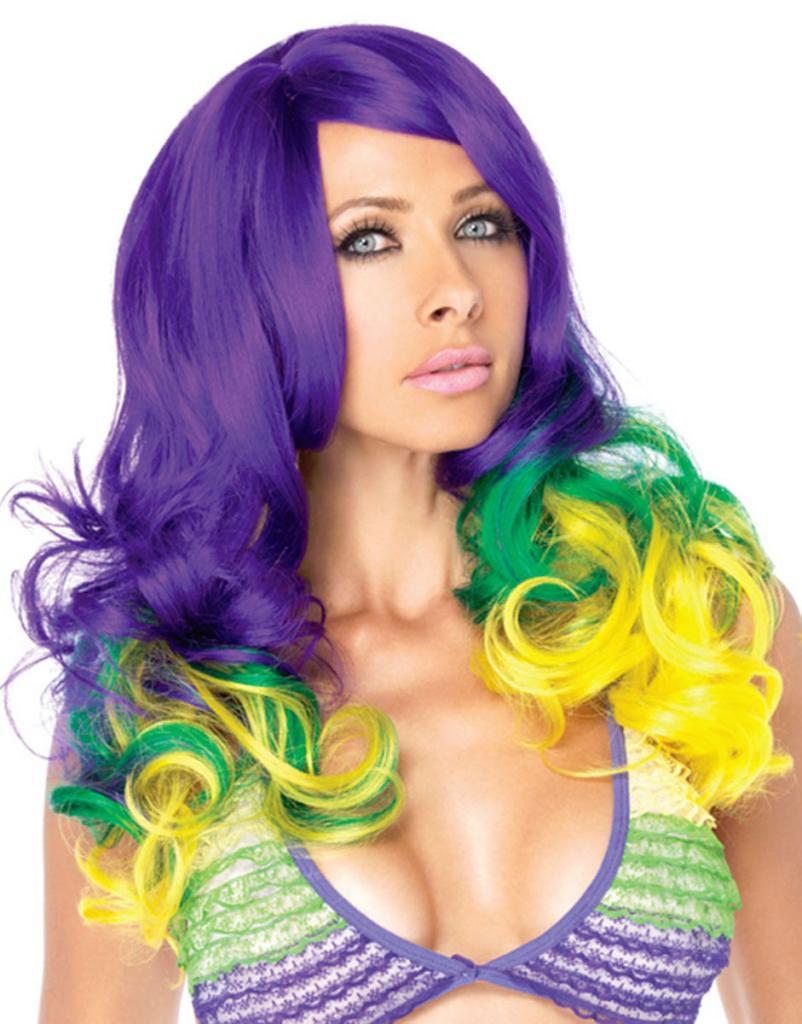Leg Avenue Tri-Coloured Mardi-Gras Carnival Wavy Wig item: A2021 and available in the UK from Karnival Costumes