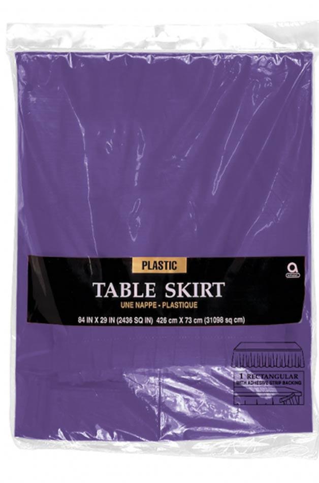 Single large purple plastic table skirt measuring 84" x 29" by Amscan 77025-25 and available from Karnival Costumes online party shop