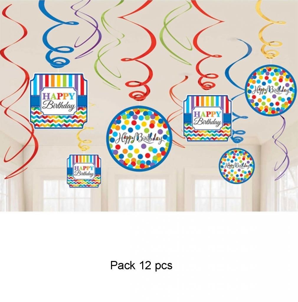 Pack of 12 Happy Birthday Hanging Swirl Decorations by Amscan 670471 and available in the UK from Karnival Costumes online party shop