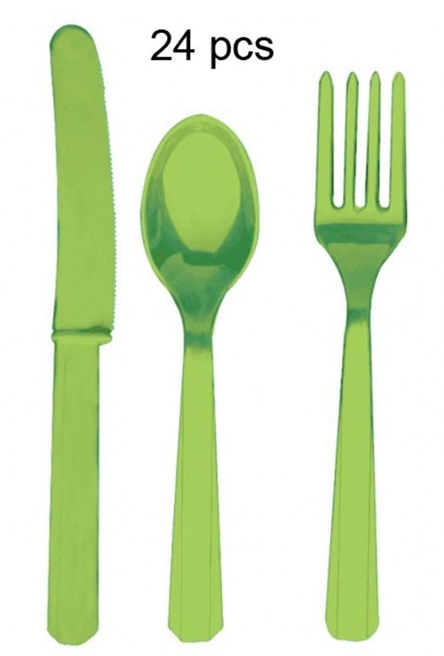 Pack of 24 Kiwi Green Cutlery Assortment which includes 8 of each; knife, fork and spoon by Amscan 4546-53 available from Karnival Costumes online party shop