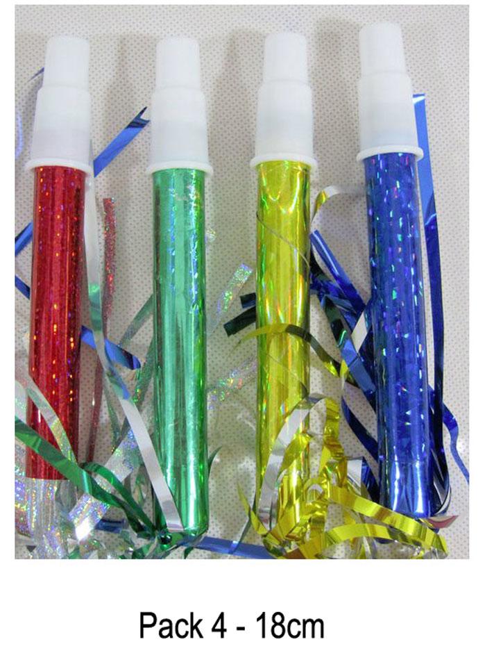 Pack of 4 Novelty Party Sirens with Foil Streamers 18cm long by Creative Collection P1809 available at discount from Karnival Costumes online party shop