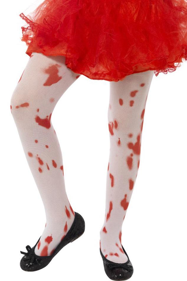 Children's White Tights with Blood Stain Print by Smiffys 45623 and available in one-size (6-12 yrs) from Karnival Costumes online Halloween shop