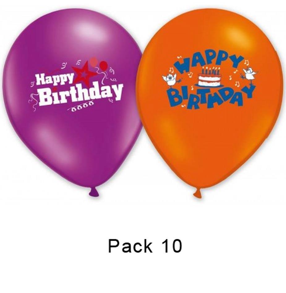 Printed Happy Birthday Pack 10x 25cm Assorted Colours by Globos 143 available here at Karnival Costumes online party shop