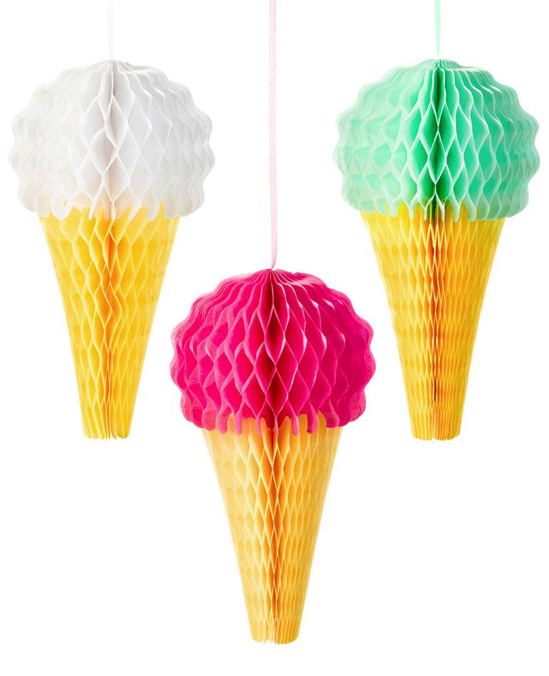 Pack of 3x Neapolitan Ice Cream Honeycomb Decorations approx 8" high by Talking Tables ICE-HONICECREAM available here at Karnival Costumes online party shop