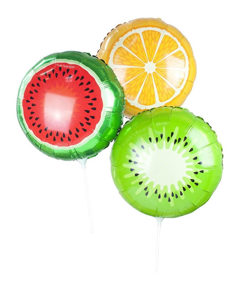 All Sorts Fruit Balloons - Pk3 foil balloons with sticks for air filling by Talking Tables ALL-FRUITBALL available here at Karnival Costumes online party shop