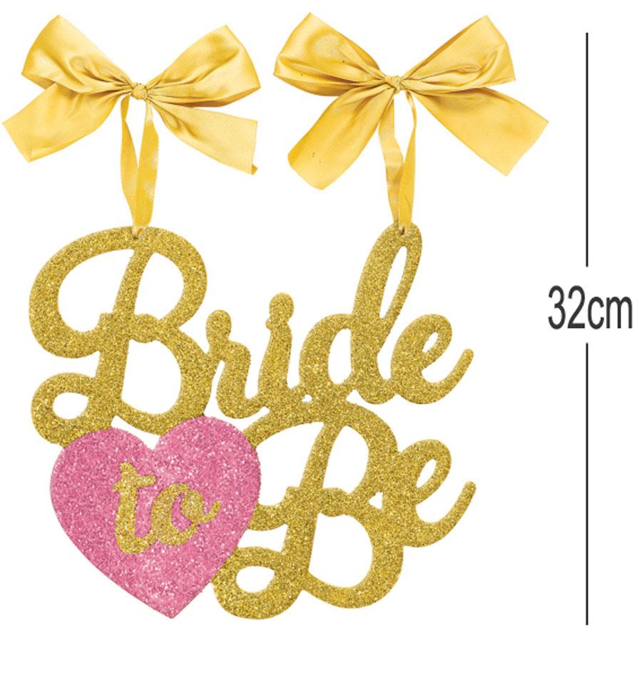 Bride to Be Glitter Chair Sign - 32cm x 32cm with gold and pink glitter finish and golden bows for hanging. By Amscan 241583 available here at Karnival Costumes online party shop