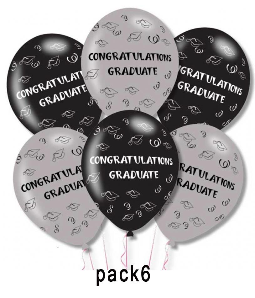 Congratulations Graduate Balloons - Pk 6 in black and silver by Amscan 9900690 available here at Karnival Costumes online party shop