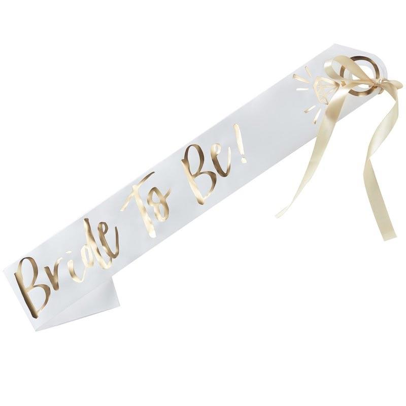 I Do Crew White and Gold Foiled Bride to Be Sash by Ginger Ray ID-418 available here at Karnival Costumes online party shop