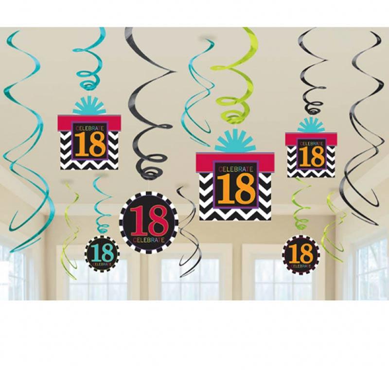 18th Birthday Celebrate Swirls Decorations Pack - Pk 12 by Amscan 997916 available here at Karnival Costumes online party shop