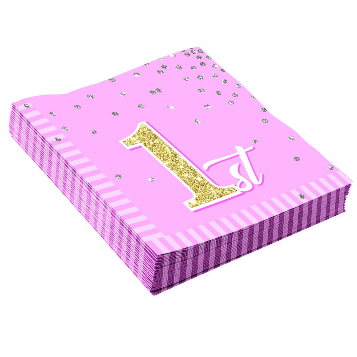 Baby's 1st Birthday 33cm lunch paper napkin in pink by Forum Novelties 79815 available here at Karnival Costumes online party shop