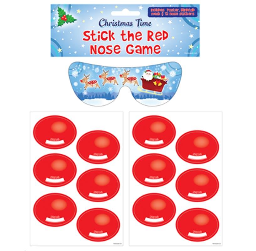 Cute red nose sticker pieces and eyemask from our Christmas Party Game of Stick the Red Nose on Rudolph by Henbrandt W51481 available here at Karnival Costumes online Christmas party shop