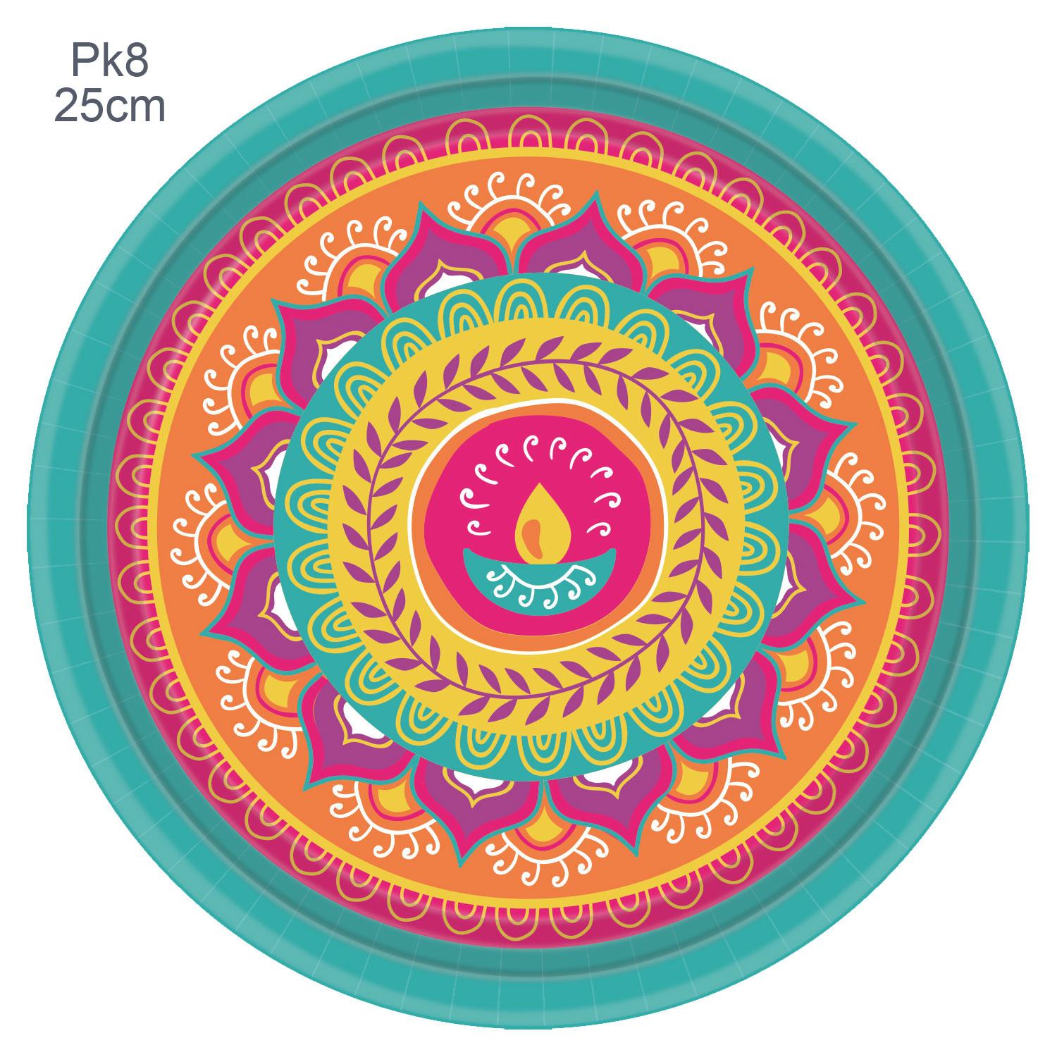Diwali Celebrations Round Paper Plates 25cm pk8 by Amscan 592413 available here at Karnival Costumes online party shop