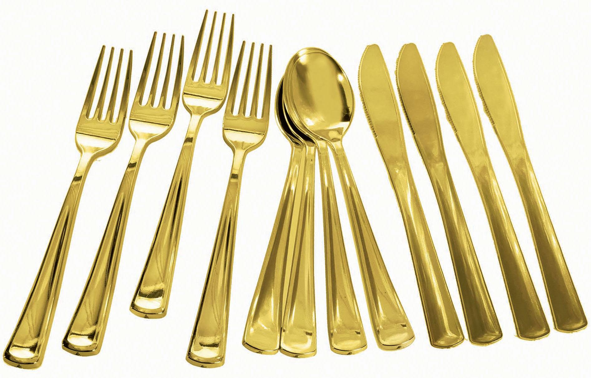 Gold Cutlery Assortment pk12 pieces, 4ea knives, forks and spoons by Forum Novelties 81860 available here at Karnival Costumes online party shop