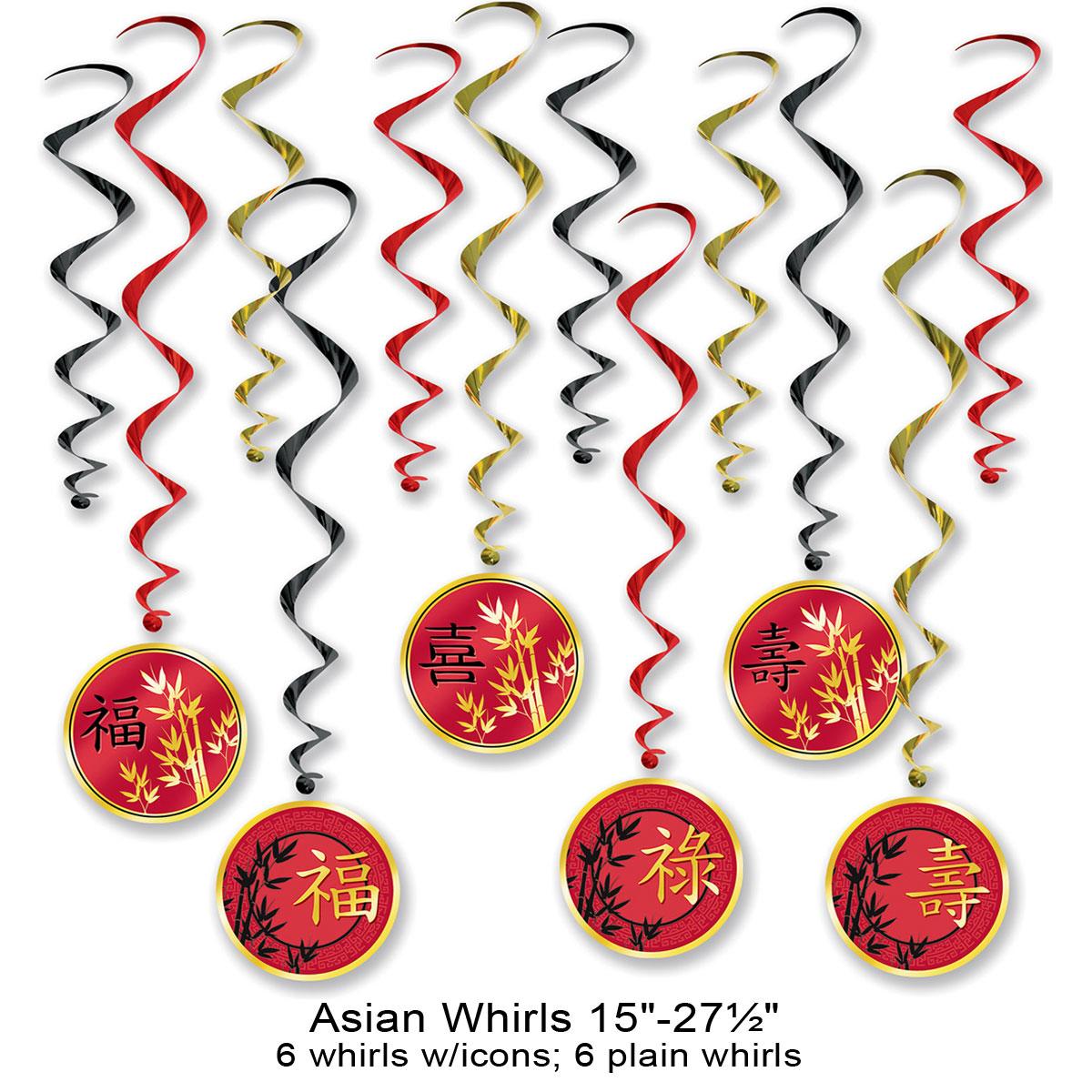 Asian Whirl Decorations - 12pcs in lengths ranging from 15" to 27.5" by Beistle 53490 available in the UK here at Karnival Costumes online party shop