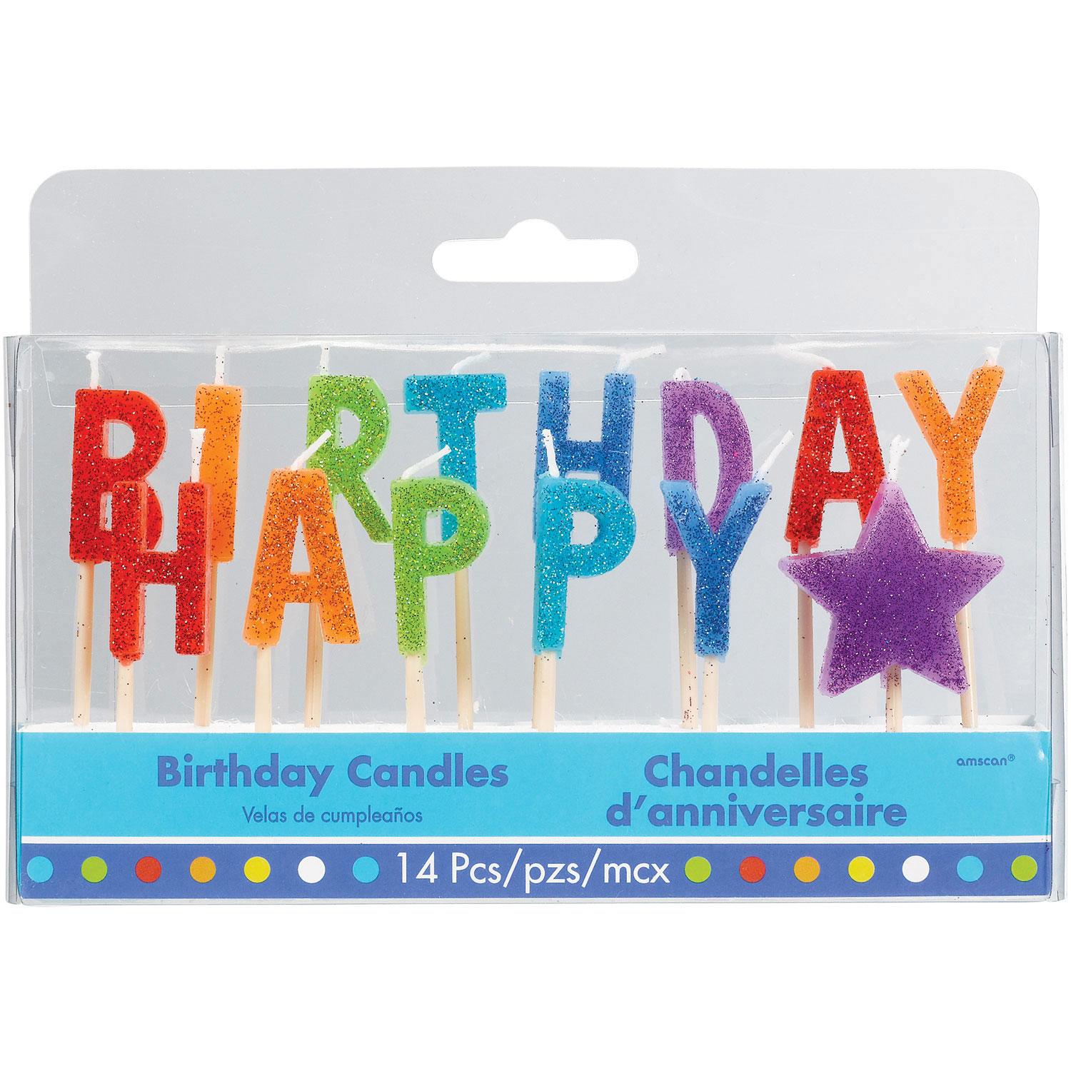 14pc glitter sparkle Happy Birthday Pick Candles 14pc set by Amscan 170305 available here at Karnival Costumes online party shop