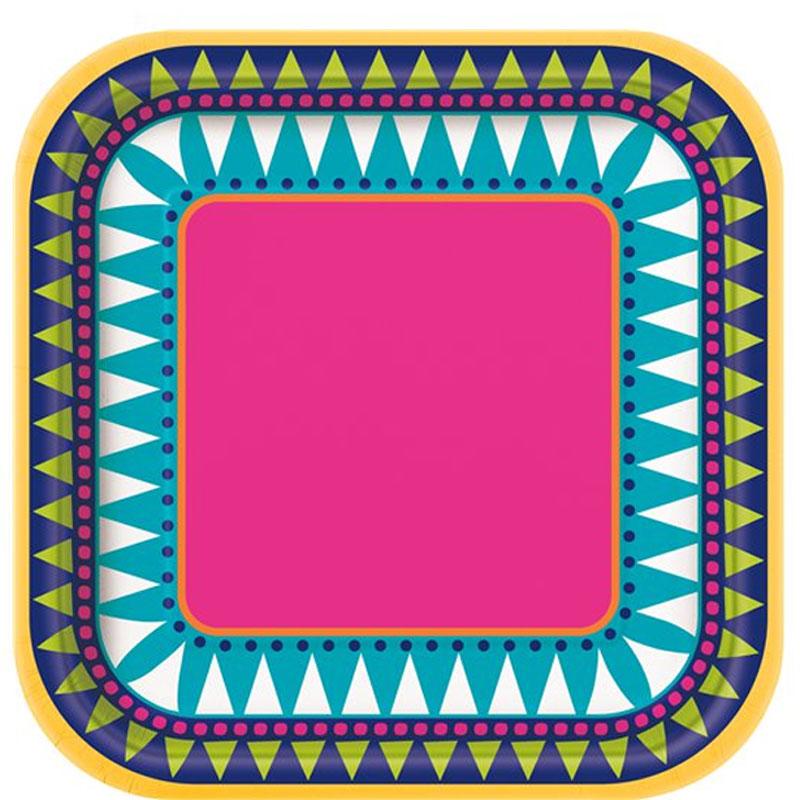 Boho Fiesta Square Party Plates 18cm Pk10 by Unique 73444 available here from the BOHO range at Karnival Costumes online party shop