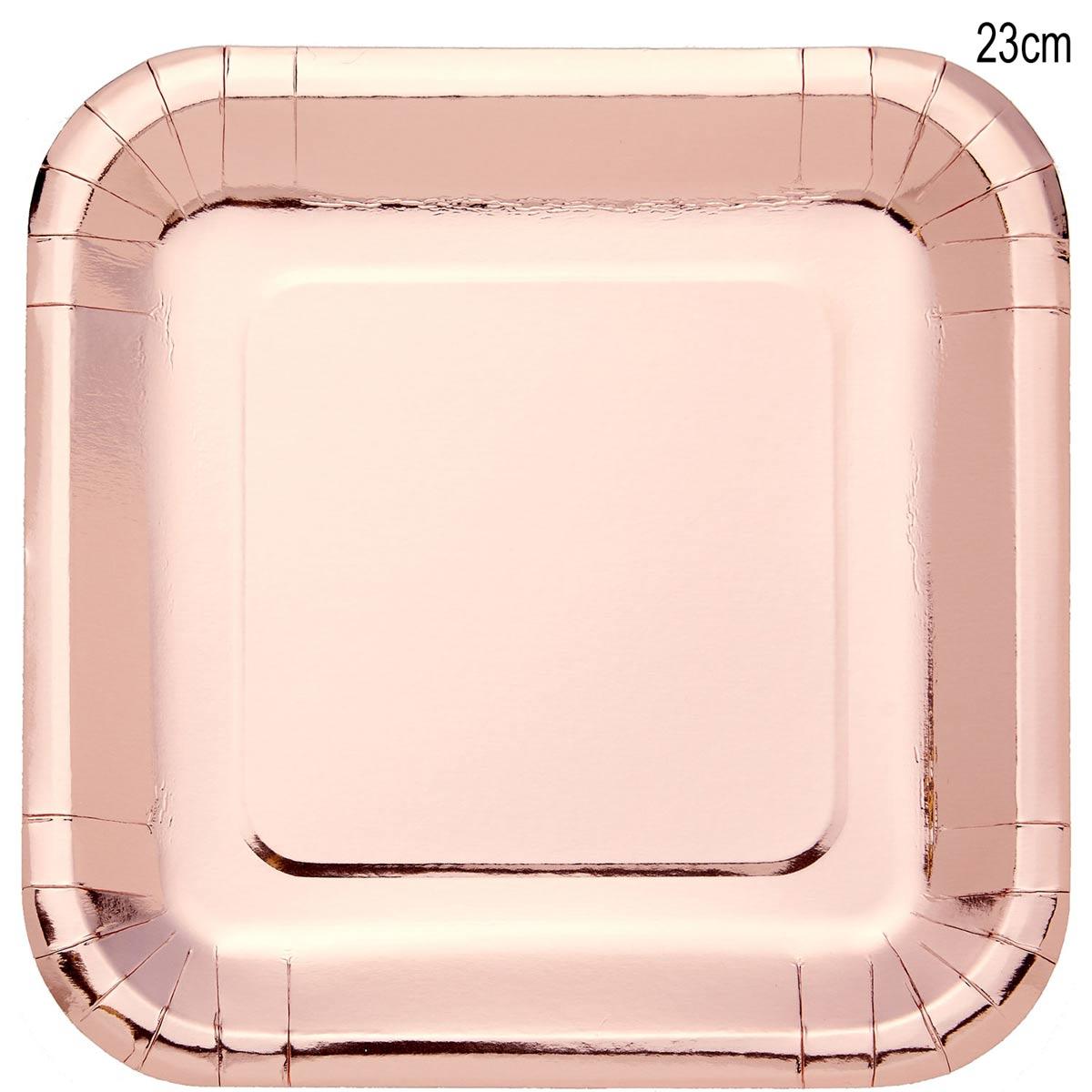 Pack 8 Metallic Rose Gold Square 23cm Paper Dinner Plates by Amscan 9908651 available here at Karnival Costumes online party shop