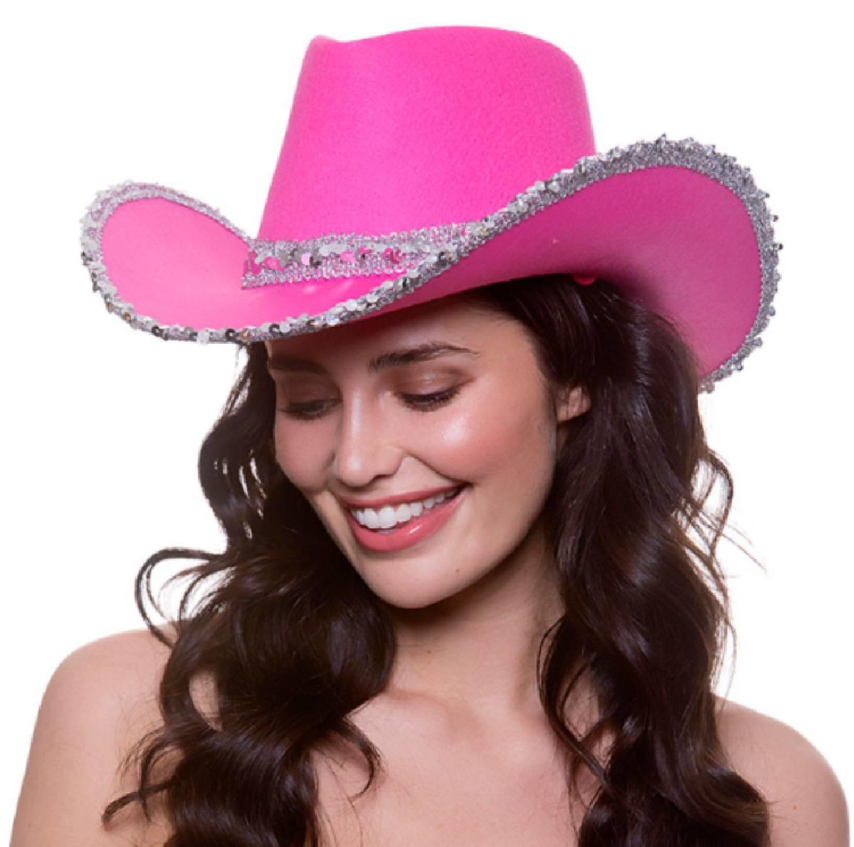 Texan Cowgirl Hat In Hot Pink With Silver Sequin Trim By Wicked Ac 9788 Karnival Costumes 9427