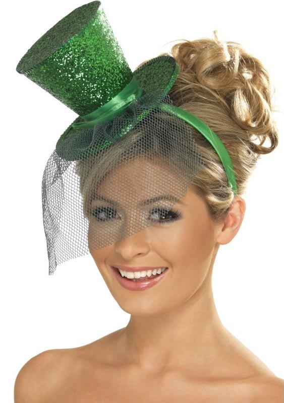 Mini Top Hat with Veil - Dark Green Sparkle by Smiffy 21296 available here at Karnival Costumes online party shop