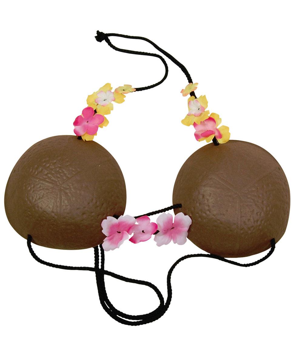 Castaway or Hawaiian Luau Coconut Bra with flower trim by Bristol Novelties BH587 available here at Karnival Costumes online party shop