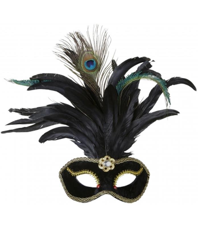 Deluxe Black Feather Eyemask with Gem and Feather Trim from Karnival Costumes