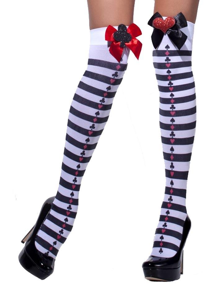 Opaque Hold Up Stockings with Card Suits and Bows by Smiffys 42708 available from a collection here at Karnival Costumes online party shop