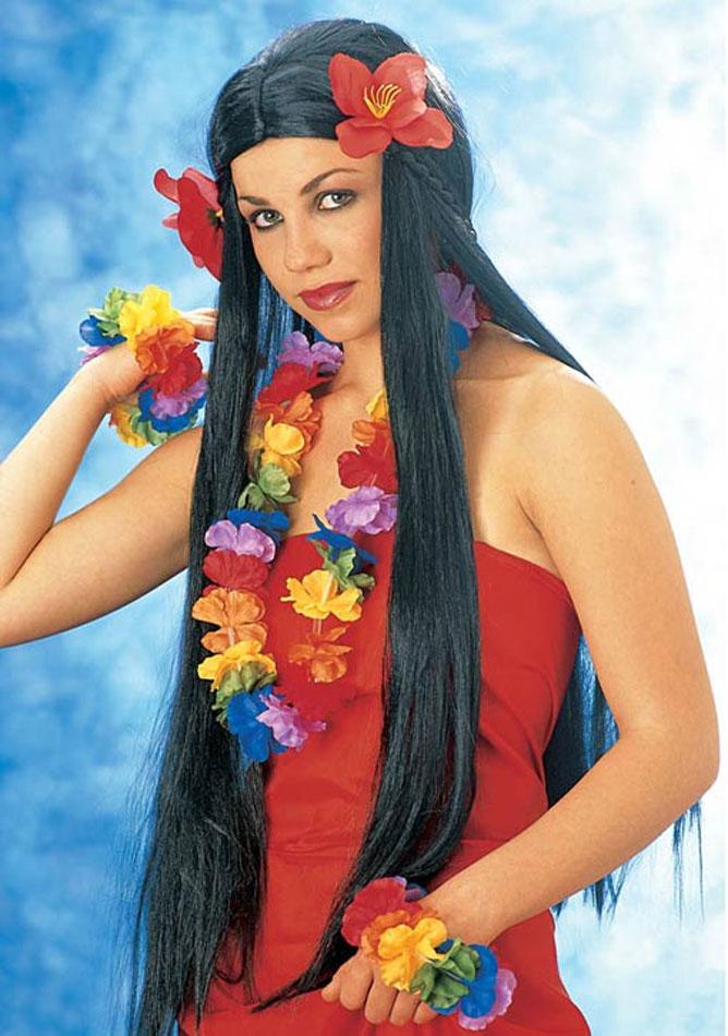 Hawaiian Aloha Wig with Flowers by Widmann H6094 available here at Karnival Costumes online party shop