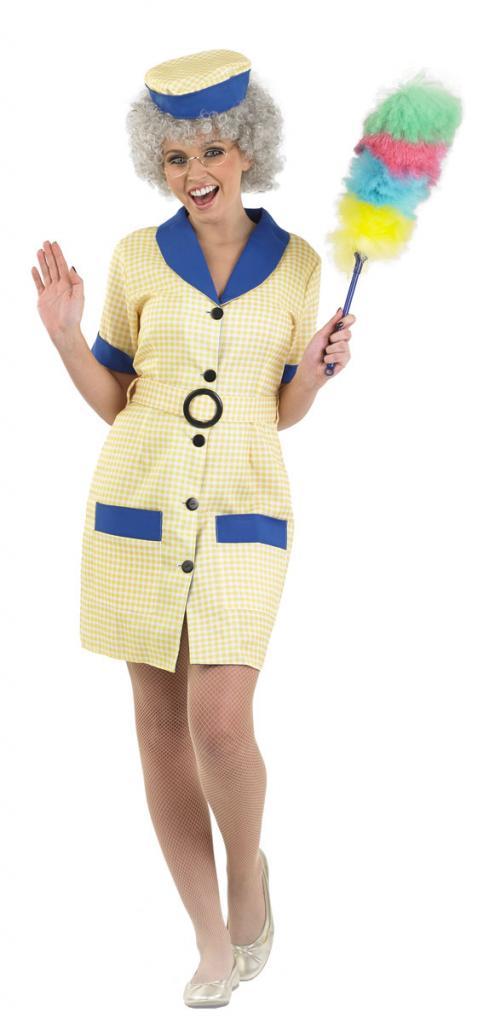 Peggy the Cleaner (Chalet Maid) Costume for Women by Fun Shack. Coat dress with hat. 3 sizes from 8 to 18.