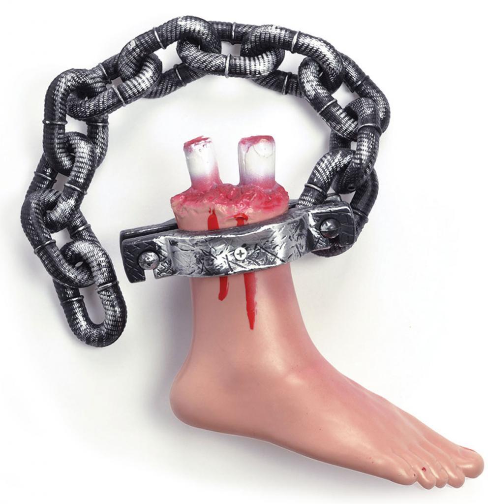 Halloween Prop Human Size Severed Foot in Cuff on Chain from Karnival Costumes