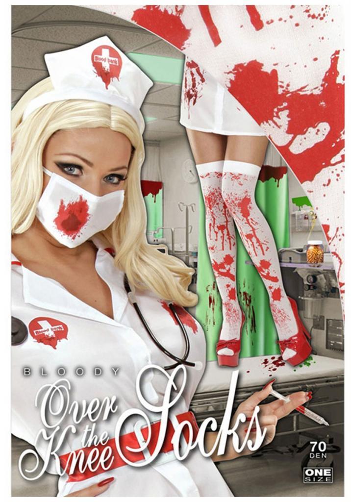 Packaging for our 70 Den White Over the Knee Socks with Red Blood Stains by Widmann 01296. Buy at Karnival Costumes