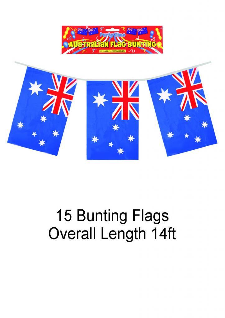 14ft length of Australia Bunting with 15 flags in plastic by Henbrandt F03026 and available from Karnival Costumes