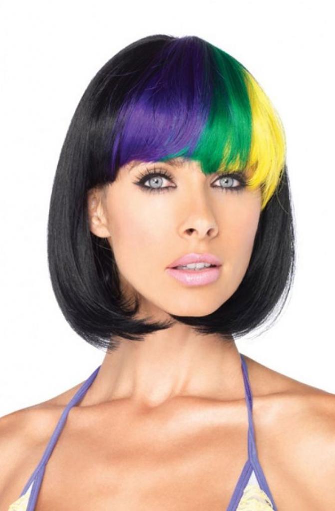 Leg Avenue Mardi-Gras Carnival Wig with a bob style in black with flashes of mauve, green and yellow. Item A2022 available in the UK from Karnival Costumes.