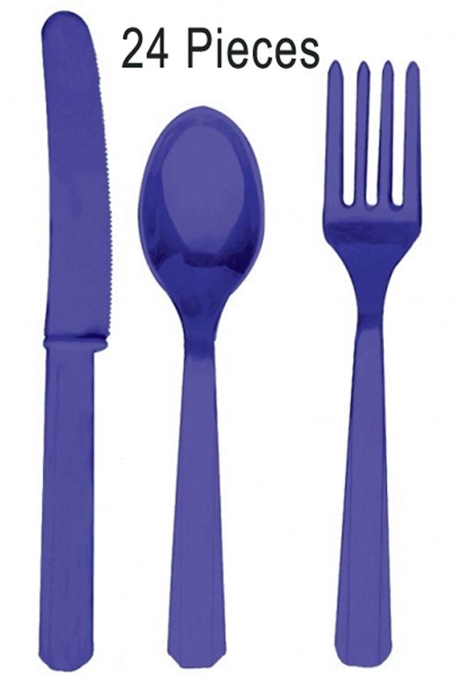 Purple Cutlery Assortment 24 pieces, 8 knives, forks and spoons by Amscan 4546-25 and available from Karnival Costumes
