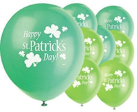 Pack of 8 Happy St Patrick's Day Printed Balloons with Shamrocks. Helium quality inflated size 12" by Unique 29829 and available in the UK from Karnival Costumes online party shop