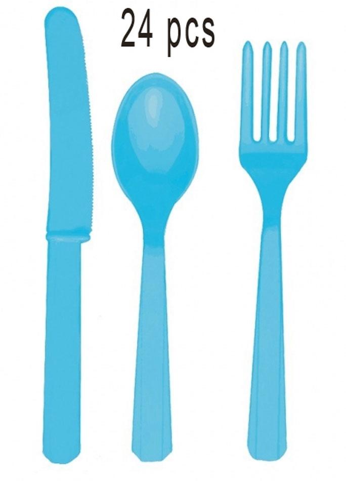 Pack of 25 pc Caribbean Blue Cutlery Assortment by Amscan 4546-54 includes 8 e knife, fork and spoon. Available from Karnival Costumes online party shop