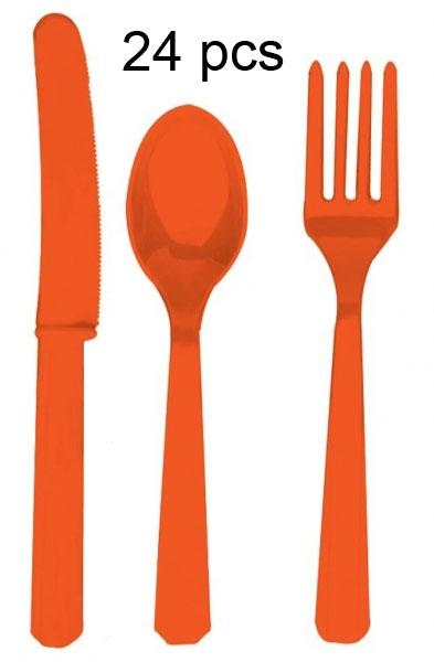 Pack 24 Orange Peel Cutlery Assortment including 8ea; knife, for and spoon by Amscan 4546-05 available from Karnival Costumes online party shop