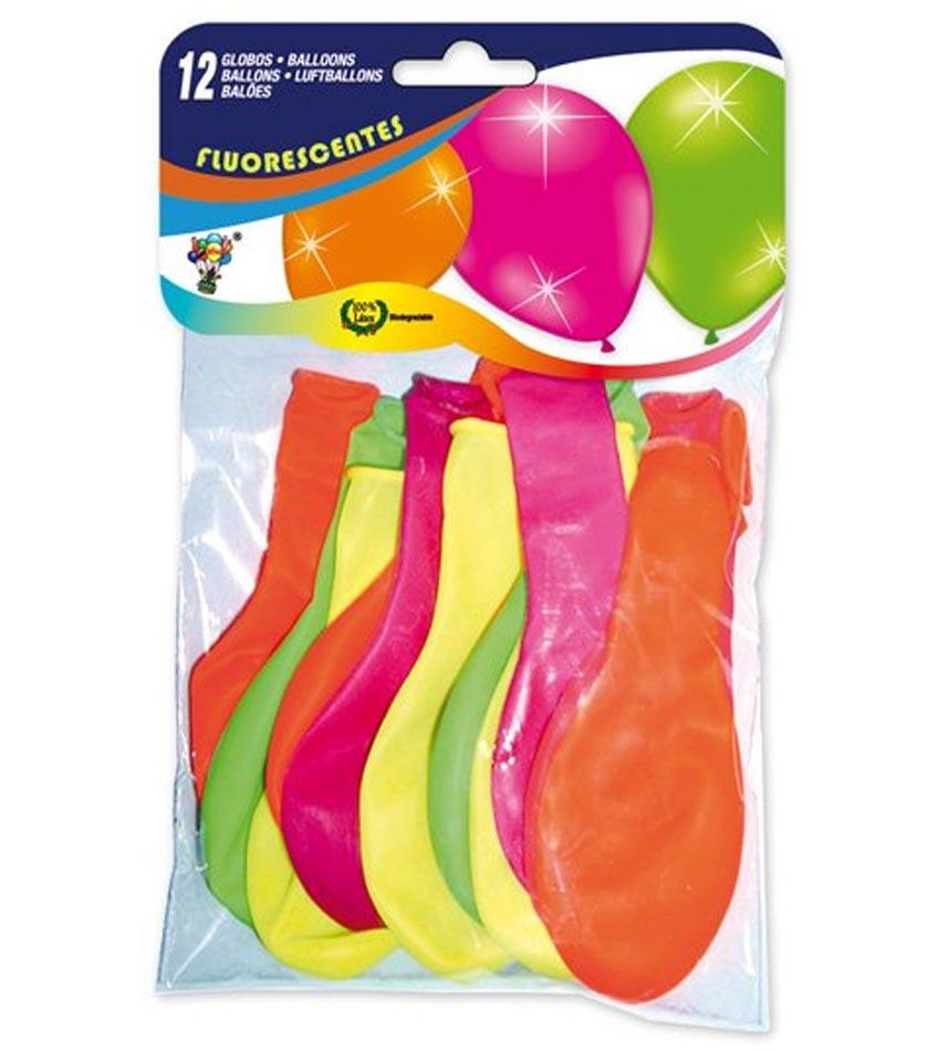 Pack of 12 Neon Coloured Balloons by Globos International 104 available here at Karnival Costumes online party shop