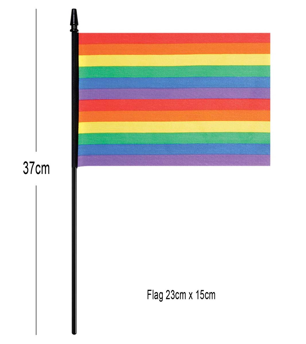 Pride Flag Wavers by Amscan 240482 in polyester on 37cm black plastic stick. Available here at Karnival Costumes online party shop