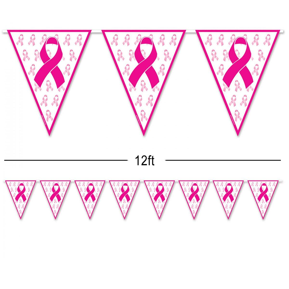 Pink Ribbon Pennant Banner by Beistle 54101 - 12ft length all weather pink bow bunting available here at Karnival Costumes online party shop