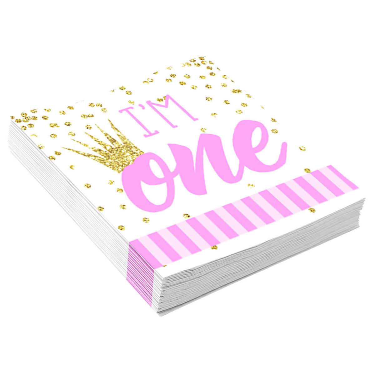 Baby's 1st Birthday 25cm cocktail paper napkin in pink with gold by Forum Novelties 79816 available here at Karnival Costumes online party shop