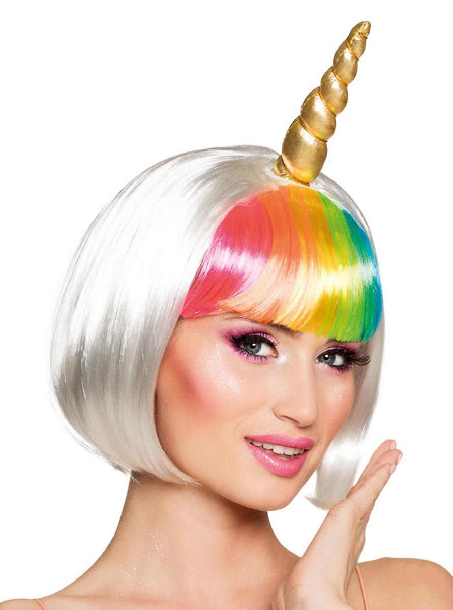 Unicorn Wig with Horn and Rainbow Fringe by SVI 85820 available here at Karnival Costumes online party shop