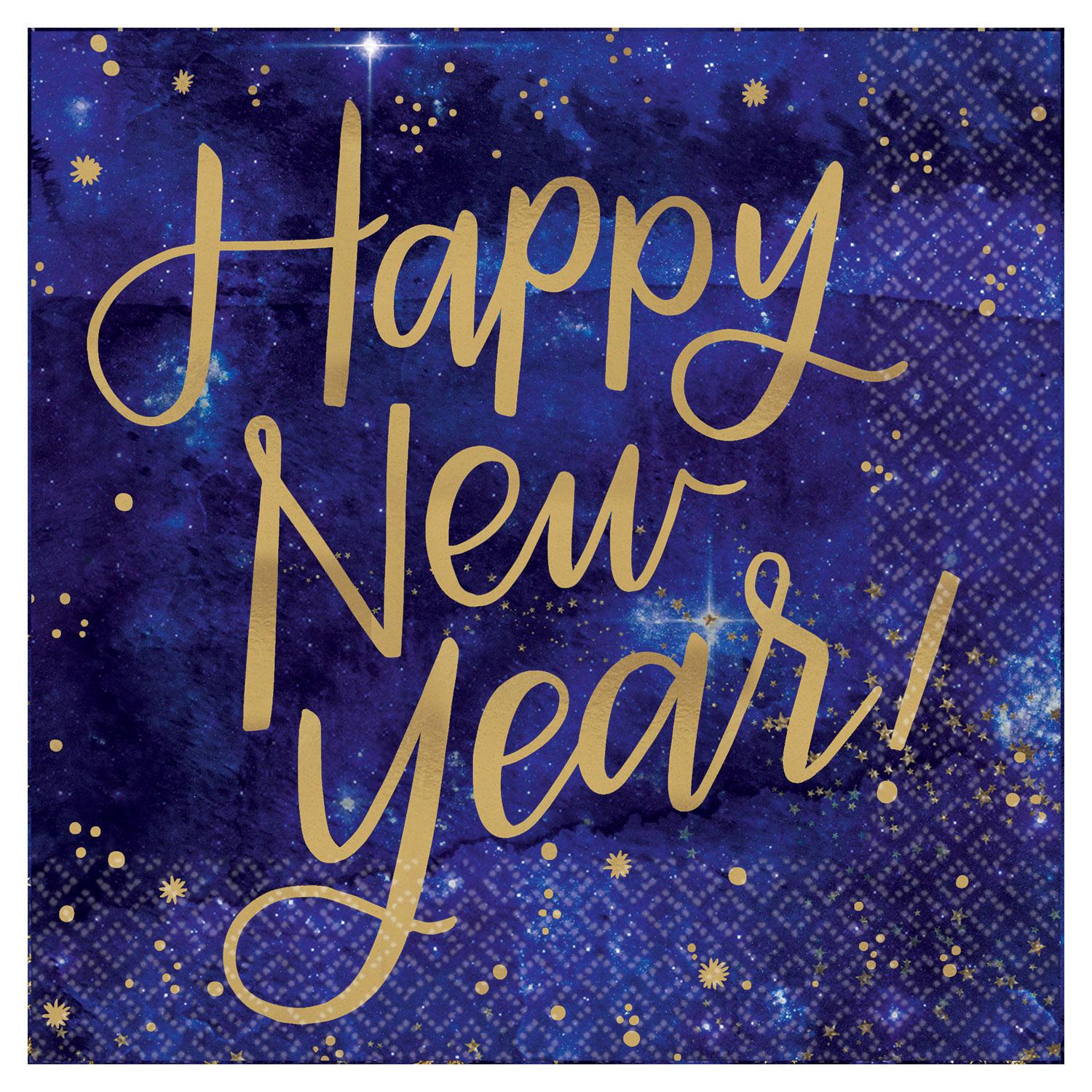 Happy New Year Midnight NYE Hot Stamped Beverage Napkins 25cm pk16 by Amscan 502207 available here at Karnival Costumes online party shop