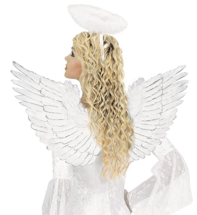 White Feathered Angel Wings size 86 x 42cm by Widmann 8656W available here at Karnival Costumes online Christmas party shop