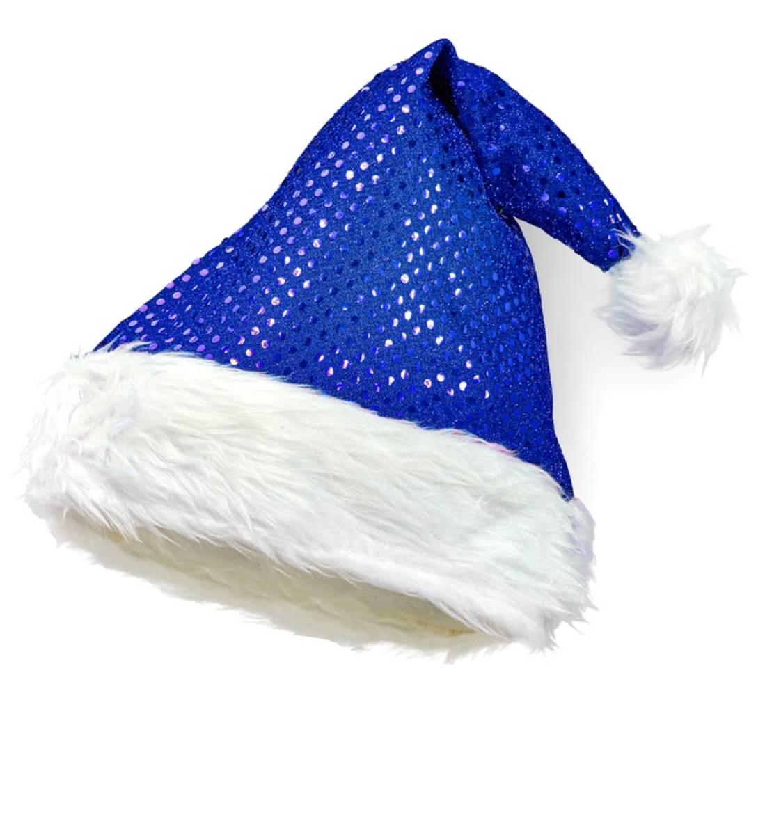 Unisex Blue Sequin traditionally styles Santa hat with white trim by Widmann 03859 available here at Karnival Costumes online party shop