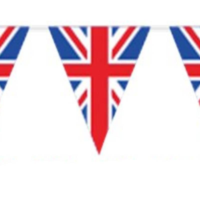 Close up of a Union Jack Pennant part of the 5m length of plastic Union Jack Pennant Bunting with 20 flags by Amscan 9913042 available here at Karnival Costumes online party shop