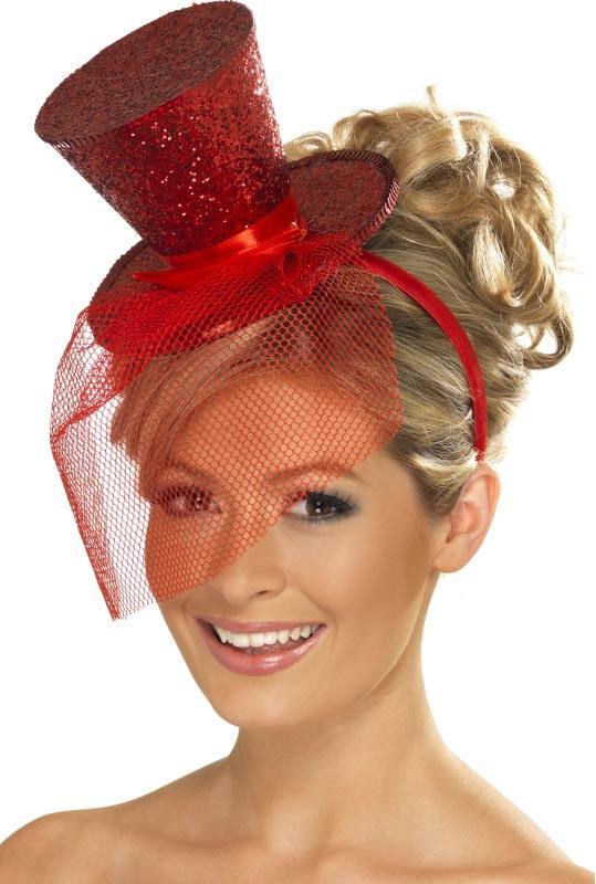 Mini Top Hat with Veil - Red Sparkle