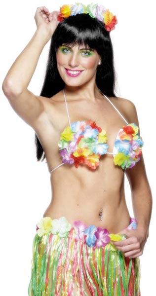 Multi-coloured silk flower Hawaiian Bra Top with white cord straps by Smiffy 22028 available here at Karnival Costumes online party shop